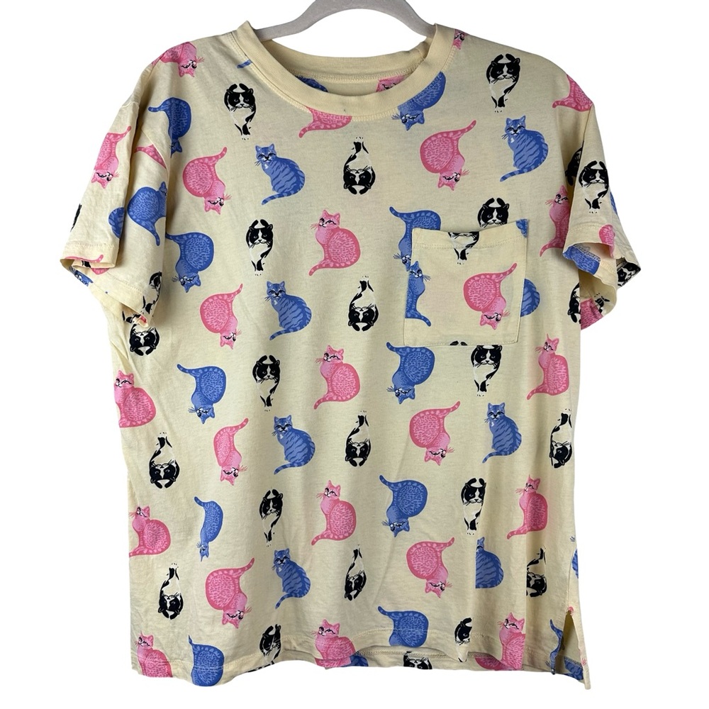 Simply Basic Cat Print Yellow Short Sleeve Pocket Tee Cute Graphic Top Size M